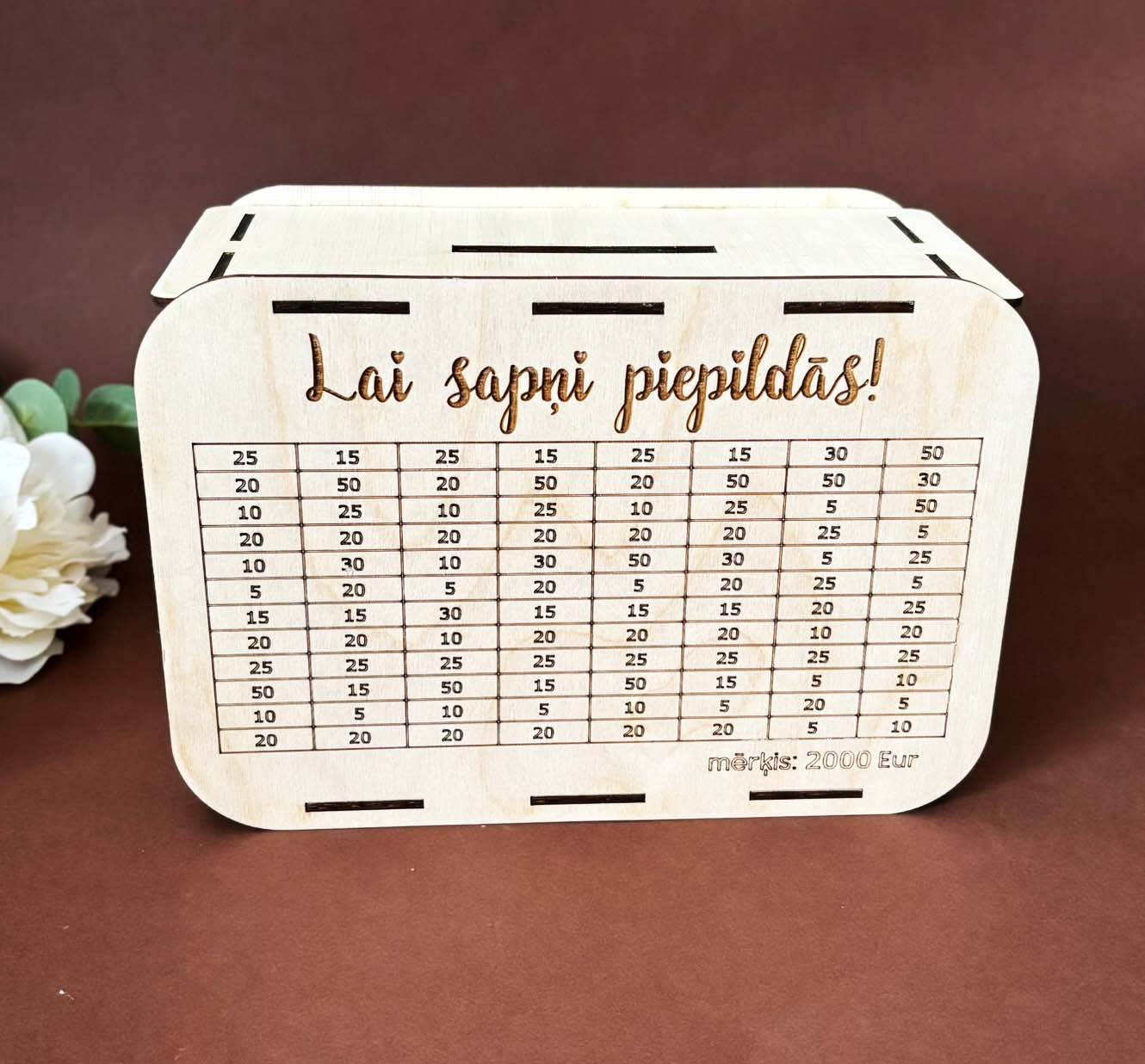 Lai sapņi piepildās | Personalizēta koka krājkase ar mērķa summu L izmērs