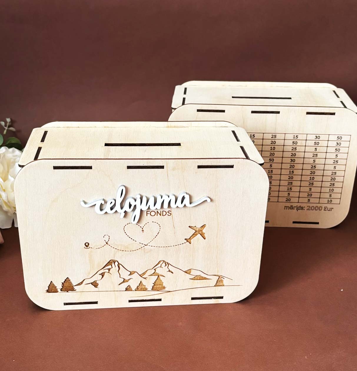 Ceļojuma fonds | Personalizēta koka krājkase ar mērķa summu L izmērs