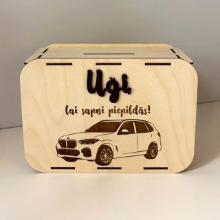 Sapņu auto iegādei | Personalizēta koka krājkase ar mērķa summu L izmērs